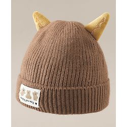 Babyhug Woollen Cap with Ear & Bear Patch in Brown - Diameter 16 cm
