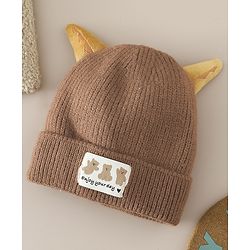Babyhug Woollen Cap with Ear & Bear Patch in Brown - Diameter 16 cm