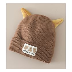 Babyhug Woollen Cap with Ear & Bear Patch in Brown - Diameter 16 cm