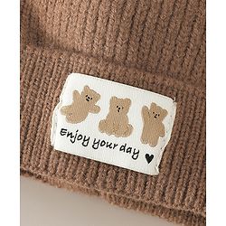 Babyhug Woollen Cap with Ear & Bear Patch in Brown - Diameter 16 cm