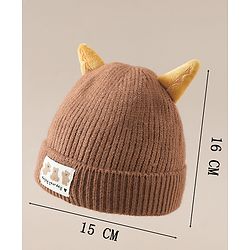 Babyhug Woollen Cap with Ear & Bear Patch in Brown - Diameter 16 cm