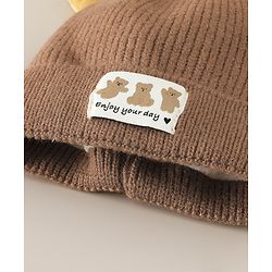 Babyhug Woollen Cap with Ear & Bear Patch in Brown - Diameter 16 cm