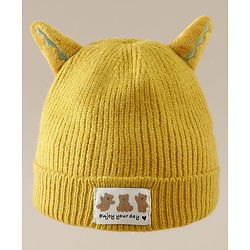 Babyhug Woollen Cap with Ear & Bear Patch in Brown - Diameter 16 cm