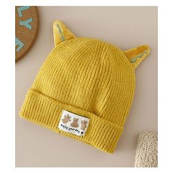 Babyhug Woollen Cap with Ear & Bear Patch in Brown - Diameter 16 cm