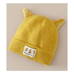 Babyhug Woollen Cap with Ear & Bear Patch in Brown - Diameter 16 cm