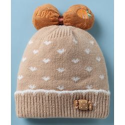 Babyhug Woollen Cap with Candy Bow Applique & Heart Design Beige - Diameter 9 cm