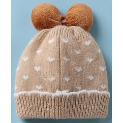 Babyhug Woollen Cap with Candy Bow Applique & Heart Design Beige - Diameter 9 cm
