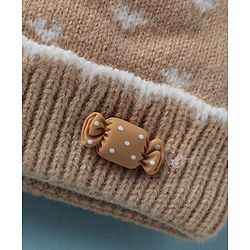 Babyhug Woollen Cap with Candy Bow Applique & Heart Design Beige - Diameter 9 cm