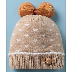 Babyhug Woollen Cap with Candy Bow Applique & Heart Design Beige - Diameter 9 cm