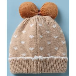 Babyhug Woollen Cap with Candy Bow Applique & Heart Design Beige - Diameter 9 cm