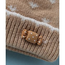 Babyhug Woollen Cap with Candy Bow Applique & Heart Design Beige - Diameter 9 cm