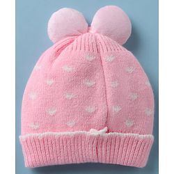 Babyhug Woollen Cap with Candy Bow Applique & Heart Design Beige - Diameter 9 cm