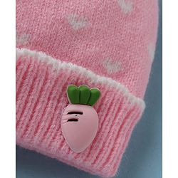 Babyhug Woollen Cap with Candy Bow Applique & Heart Design Beige - Diameter 9 cm
