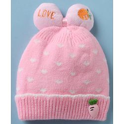 Babyhug Woollen Cap with Candy Bow Applique & Heart Design Beige - Diameter 9 cm