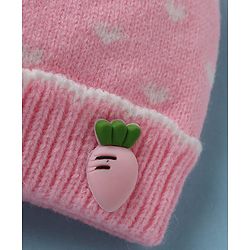 Babyhug Woollen Cap with Candy Bow Applique & Heart Design Beige - Diameter 9 cm
