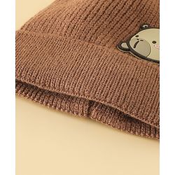 Babyhug Woollen Cap with Ear & Bear Applique in Brown Diameter - 15 cm
