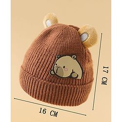 Babyhug Woollen Cap with Ear & Bear Applique in Brown Diameter - 15 cm