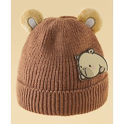 Babyhug Woollen Cap with Ear & Bear Applique in Brown Diameter - 15 cm