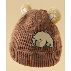 Babyhug Woollen Cap with Ear & Bear Applique in Brown Diameter - 15 cm