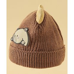 Babyhug Woollen Cap with Ear & Bear Applique in Brown Diameter - 15 cm