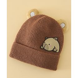 Babyhug Woollen Cap with Ear & Bear Applique in Brown Diameter - 15 cm