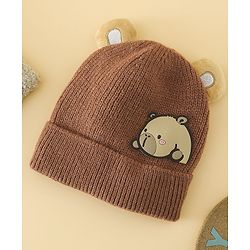 Babyhug Woollen Cap with Ear & Bear Applique in Brown Diameter - 15 cm