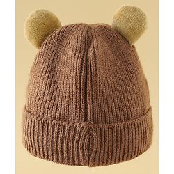 Babyhug Woollen Cap with Ear & Bear Applique in Brown Diameter - 15 cm
