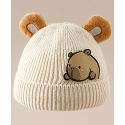 Babyhug Woollen Cap with Ear & Bear Applique in Brown Diameter - 15 cm