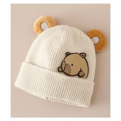 Babyhug Woollen Cap with Ear & Bear Applique in Brown Diameter - 15 cm