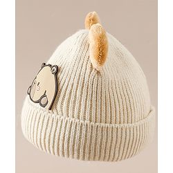 Babyhug Woollen Cap with Ear & Bear Applique in Brown Diameter - 15 cm