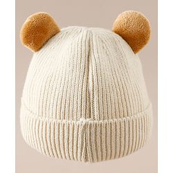 Babyhug Woollen Cap with Ear & Bear Applique in Brown Diameter - 15 cm