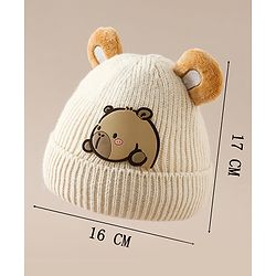 Babyhug Woollen Cap with Ear & Bear Applique in Brown Diameter - 15 cm