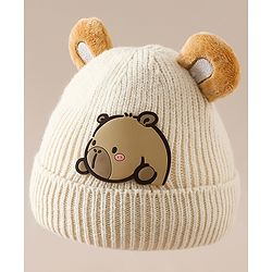 Babyhug Woollen Cap with Ear & Bear Applique in Brown Diameter - 15 cm