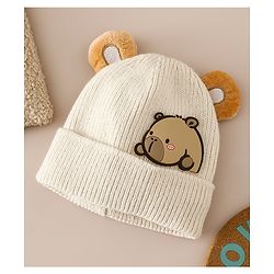 Babyhug Woollen Cap with Ear & Bear Applique in Brown Diameter - 15 cm