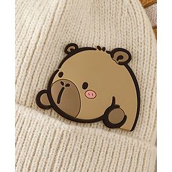 Babyhug Woollen Cap with Ear & Bear Applique in Brown Diameter - 15 cm