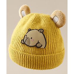Babyhug Woollen Cap with Ear & Bear Applique in Brown Diameter - 15 cm