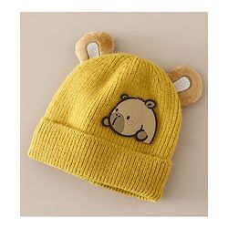 Babyhug Woollen Cap with Ear & Bear Applique in Brown Diameter - 15 cm