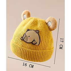 Babyhug Woollen Cap with Ear & Bear Applique in Brown Diameter - 15 cm
