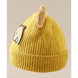 Babyhug Woollen Cap with Ear & Bear Applique in Brown Diameter - 15 cm