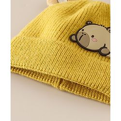 Babyhug Woollen Cap with Ear & Bear Applique in Brown Diameter - 15 cm