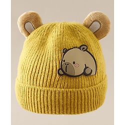 Babyhug Woollen Cap with Ear & Bear Applique in Brown Diameter - 15 cm
