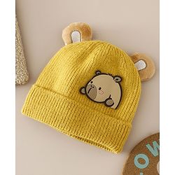 Babyhug Woollen Cap with Ear & Bear Applique in Brown Diameter - 15 cm
