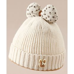 Babyhug Woollen Cap with Bow Applique in Off White - Diameter 15.5 cm
