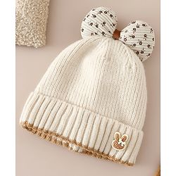 Babyhug Woollen Cap with Bow Applique in Off White - Diameter 15.5 cm