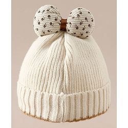 Babyhug Woollen Cap with Bow Applique in Off White - Diameter 15.5 cm
