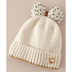 Babyhug Woollen Cap with Bow Applique in Off White - Diameter 15.5 cm