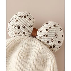 Babyhug Woollen Cap with Bow Applique in Off White - Diameter 15.5 cm