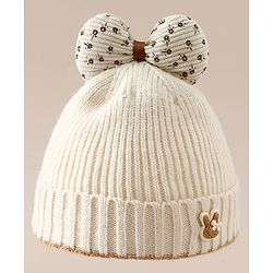 Babyhug Woollen Cap with Bow Applique in Off White - Diameter 15.5 cm