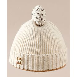 Babyhug Woollen Cap with Bow Applique in Off White - Diameter 15.5 cm