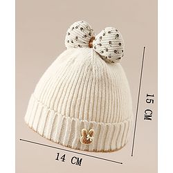 Babyhug Woollen Cap with Bow Applique in Off White - Diameter 15.5 cm